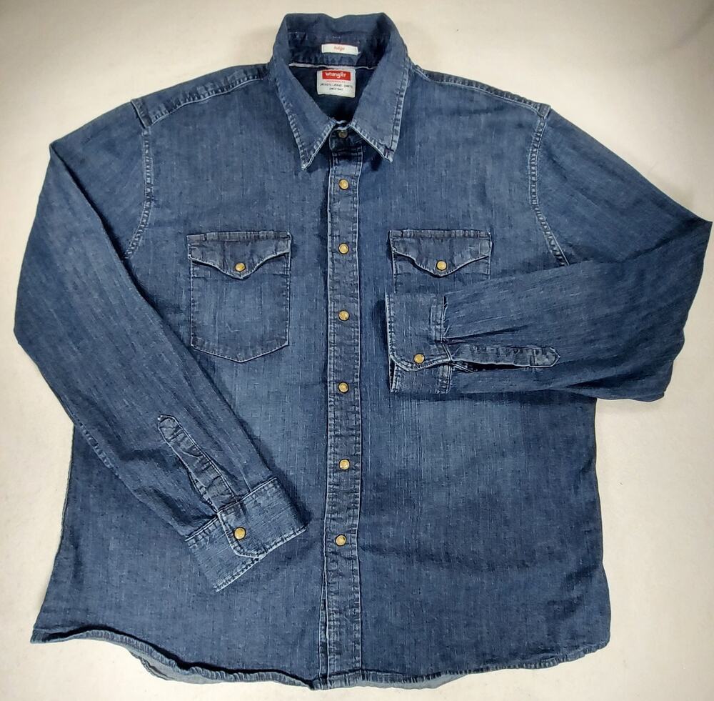 Wrangler Indigo Western Pearl Snap Shirt Mens 2XL Blue Denim Stretch Casual Work
